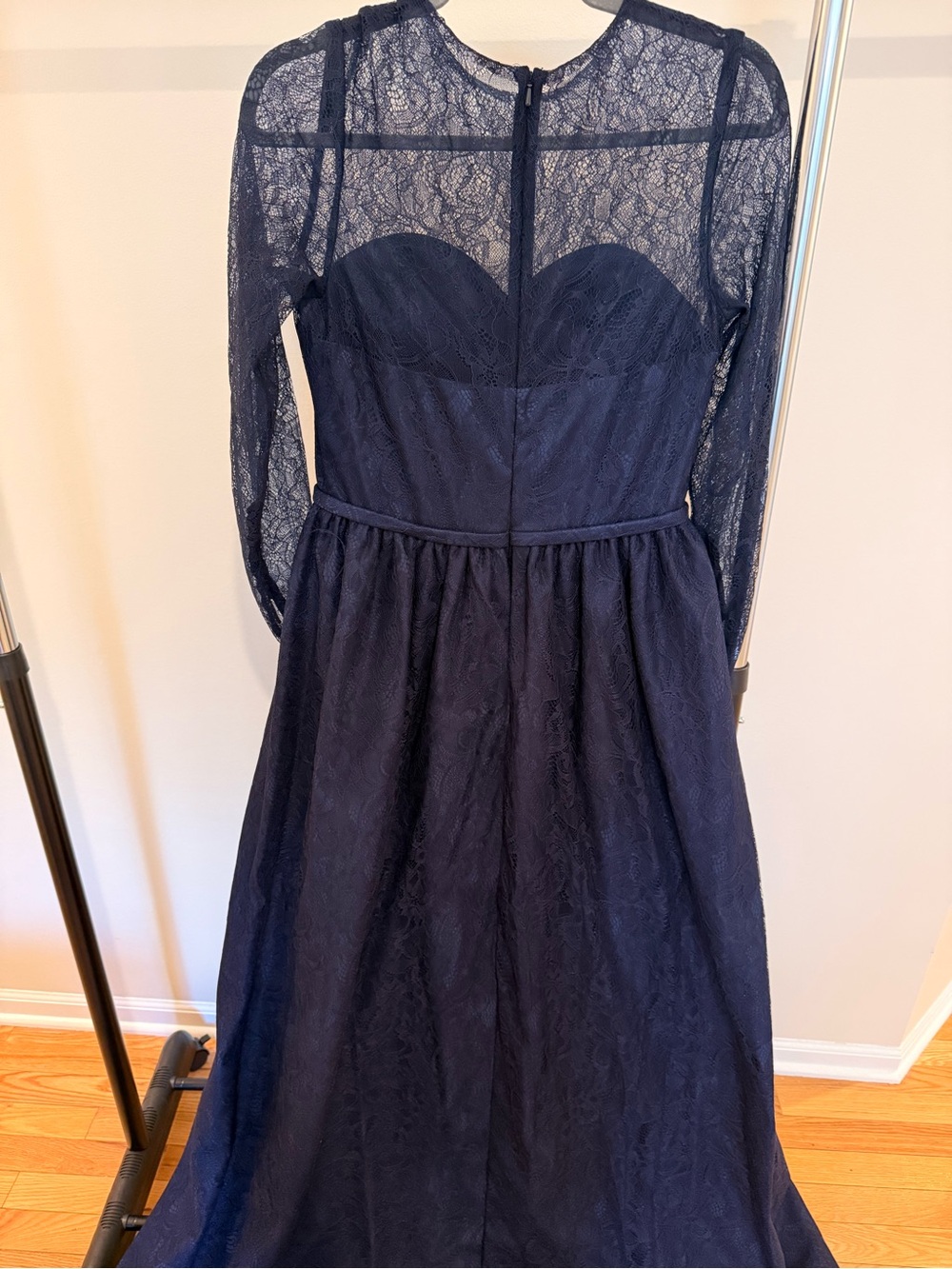 Mac Duggal Navy Lace Long-Sleeve Fit-and-Flare Dress